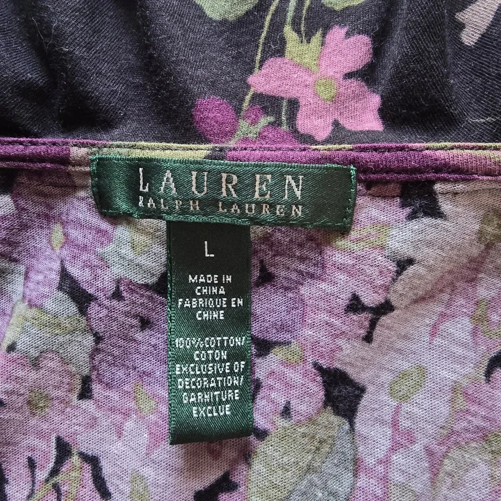 Lauren Ralph Lauren Floral Ruffle‎ V-Neck Sleeveless Top Black Purple Cotton L